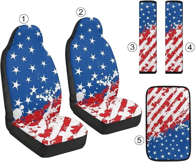 Qeluxign Car Seat Covers 2 Front Seats Splatter American Flag Universal Fit Center Console Protector Auto Seat Belt Cover Against Stains, Spills, Dust Car Interior Accessories 5 Piece Set