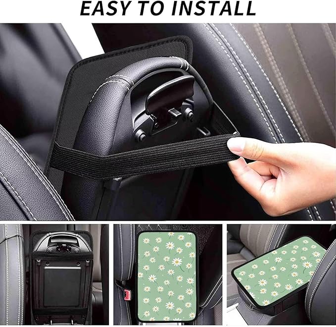 Car Center Console Cushion Pad Daisy Floral Non-Slip Armrest Cover Wildflower Cute Auto Center Console Lid Covers Anti-Scratch Arm Rest Pads
