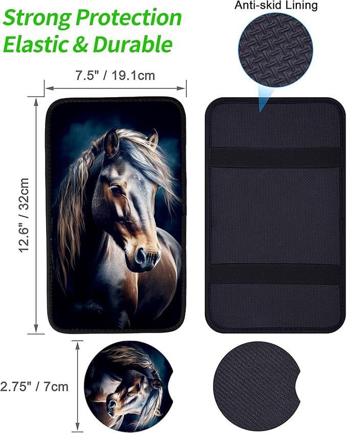 JANENFNA Car Armrest Cover Pads Universal Fashion Cute Auto Center Console Armrest Cover Pad with 2PCS Car Coasters Soft Waterproof Car Armrest Seat Protector for Women,Small Horse
