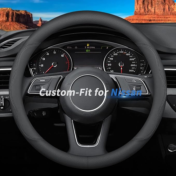 Custom-Fit for Nissan Steering Wheel Cover, Premium Leather Car Steering Wheel Cover with Logo, Non-Slip, Breathable, for Nissan Accessories (B-Style,for Nissan)