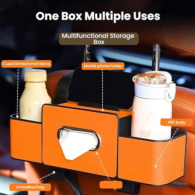 Car Organizers And Storage Box Behind Seat, Multifunctional Car Seat Back Storage Box, Large Capacity Backseat Hanging Organizer With Cup Holder & Hooks, For Road Trips & Daily Driving (Orange)