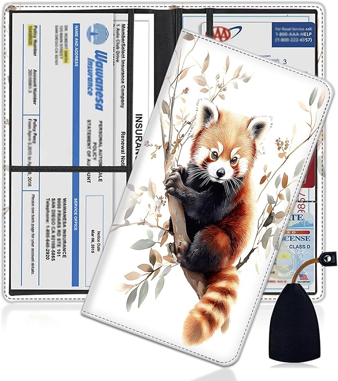 Car Document Holder with Magnetic Shut, Car Registration and Insurance Card Holder, Vehicle Glove Box Organizer Documents, Driver License, Auto Paperwork Organizer Wallet, Cute Raccoon On Branch
