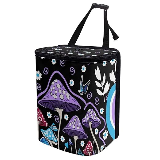 Purple Hippie Mushroom Car Trash Bag Hanging Auto Garbage Bin Can with Lid,Leak Proof Reusable Adjustable Strap Car Garbage Bag for Travel/Picnic