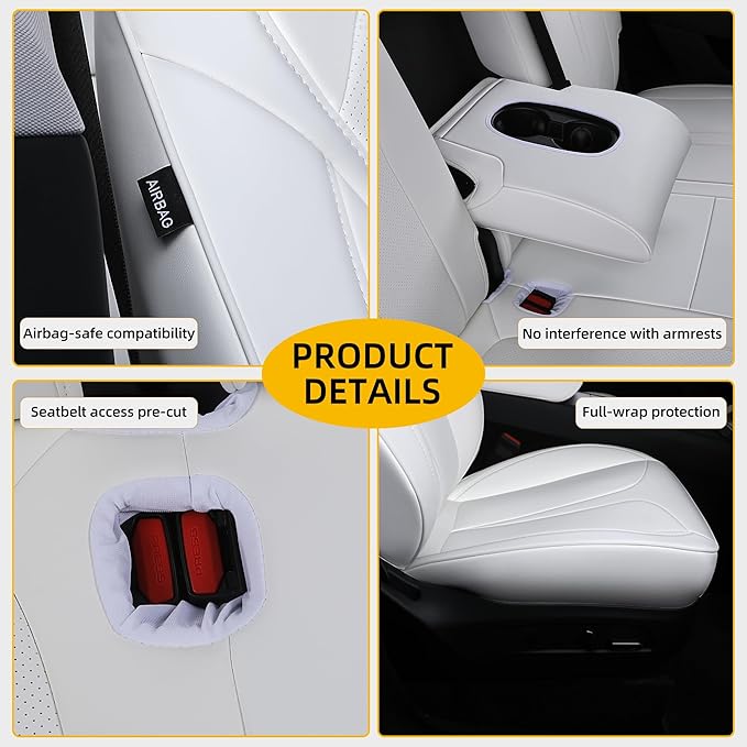 OURPLOT Custom Fit Seat Covers for 2025 2026 Tesla Model Y Juniper (5-Seater), Waterproof Breathable Nappa Leather, OEM Factory Style Full Set Car Seat Protectors Airbag Compatible - White