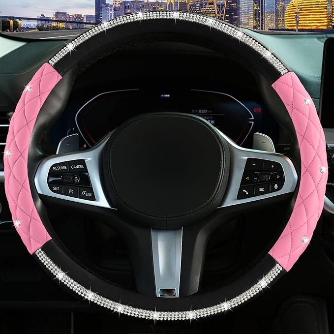 Steering Wheel Cover，with Diamond Crystal Rhinestone,Delicate and Anti-Slip Bling Steering Wheel Cover ，Adaptable to 14.5-15 inches Car Wheel Protector for Women Girl ，Black & Pink
