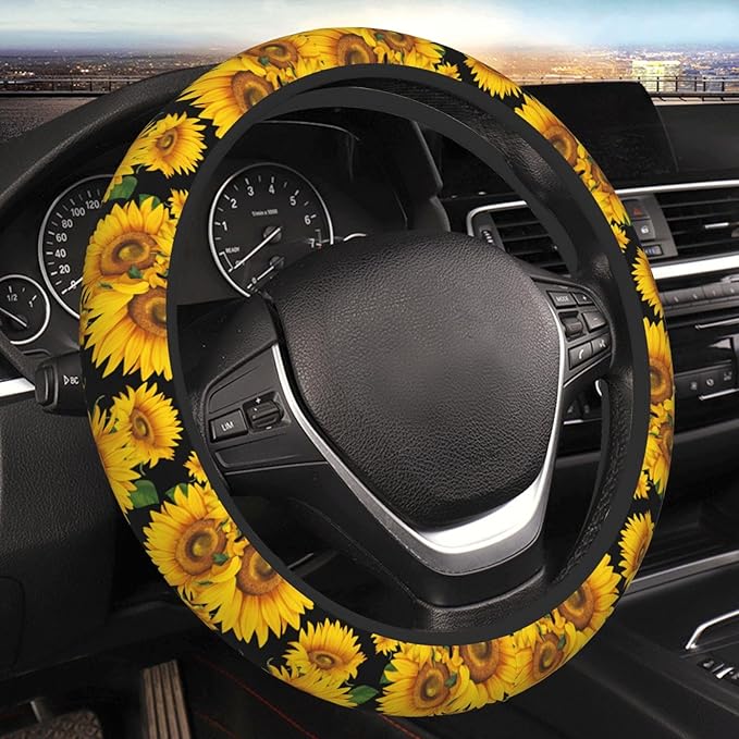 Sunflower Neoprene Steering Wheel Cover for Men Women Anti-Slip Elastic Steering Wheel Protective Cover 15in Universal Car Accessories Fit Cars, SUVs, Auto
