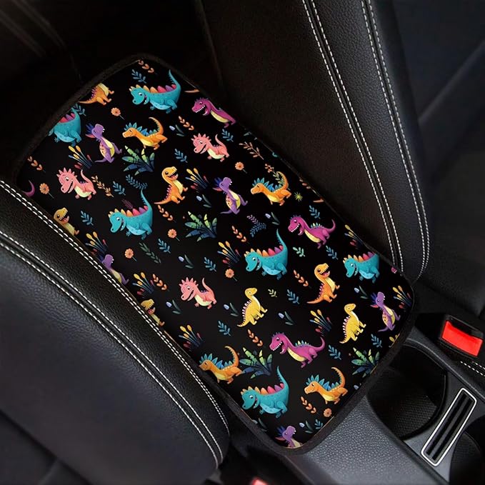 Mintutlipy Cute Dinosaur Print Car Center Console Cover Universal Fit Wear Proof Automotive Armrest Protector Easy to Install Smooth Fabric