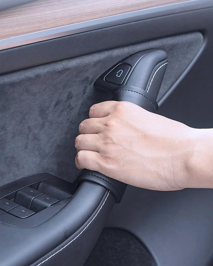 cybtkcar 2025 Tesla 4PCS Grab Handle Cover Model Y Model 3 2017-2025, Tesla Inside Door Handle Protector, Tesla Cover Door Handle Anti-Scratch Leather Handle Plate Model Y Model 3 Accessories