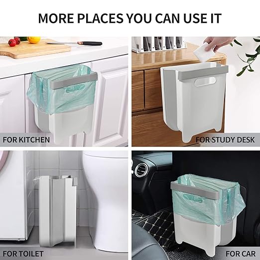 Hanging Collapsible Trash Can - 9L Wall Mounted Foldable Waste Bin for Kitchen Cabinet Door - Quickly Clean Counter, Sink, Bathroom - RV, Car, Camping Folding Garbage Basket (White)