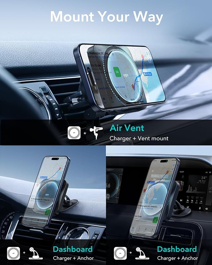 ESR for MagSafe Car Mount Charger with CryoBoost, Phone Cooling MagSafe Car Charger, Magnetic Wireless Car Charging, Air Vent/Dashboard Car Phone Holder for iPhone 17e/17-12, S26/S25, Fast Charging