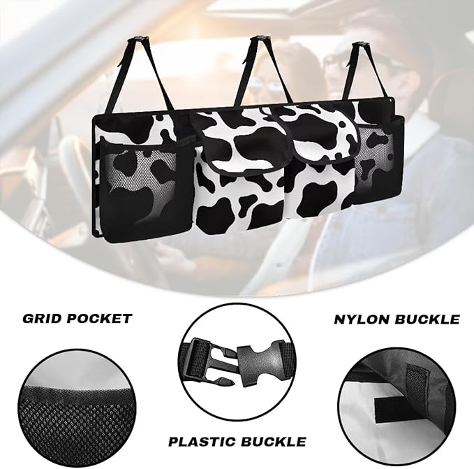 SEANATIVE Black Cow Car Trunk Organizer, Large Capacity Car Organizer SUV, Equipped with Robust Elastic Net, Hanging Car Storage Organizer with Lids, Space Saving Expert