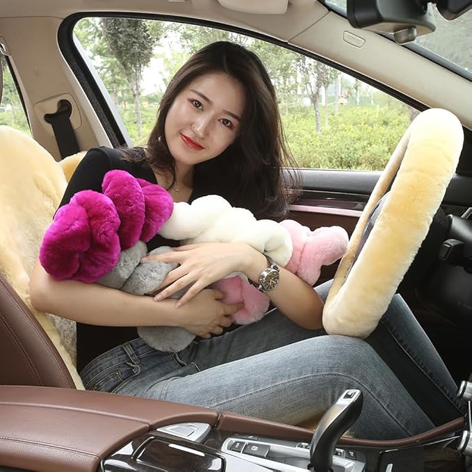 OGLAND Natural Fur Wool Sheepskin car Steering Wheel Cover,Protector for Universal Steering Wheel 15 Inchs, Anti-Slip,Comforting and Luxurious, Soft Texture, Gift for Women (Korean Pink)