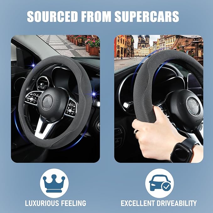 Brown Suede Steering Wheel Cover, Breathable Non-Slip Sweat-Proof Wear-Resistant No Pilling, Warm in Winter and Cool in Summer, Universal 15 inch