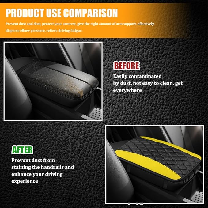 Car Center Console Cover, Leather Waterproof Armrest Seat Box Cushion Pad, Universal Decor Protector Mat, Comfortable Car Decor Accessories Fit for Most Cars, Vehicles, SUVs (Yellow)