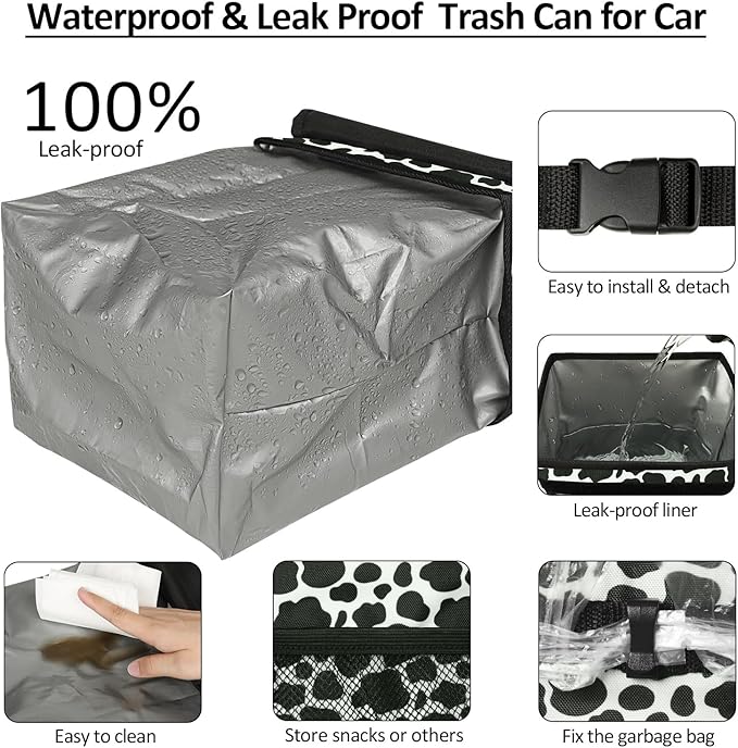 ELONGRIVER Car Trash Can Bin for Back Seat Leak Proof, Cute Car Trash Bag Hanging, Vehicle Trash Can for SUV Truck Van, Automotive Garbage Cans Front Seat Cow Print, 2 Gallons