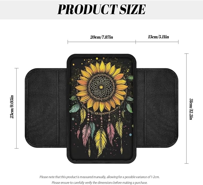 CLOHOMIN Sunflower Auto Center Console Armrest Cover Dream Catcher Car Arm Rest Cushion Accessories Interior Decor Fit SUV Truck Sedan Car Armrest Cover Cushion with Pockets