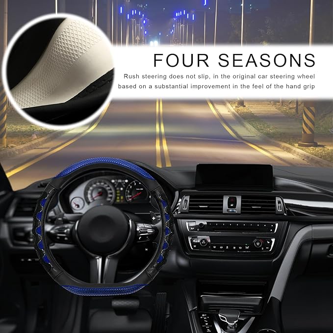 Car Steering Wheel Cover, 15 Inches Leather Comfy Grip Steering Wheel Protector with 3D Honeycomb, Anti-Slip D-Shaped Wheel Wrap Cover for Most Vehicles, Car Accessories (Blue)