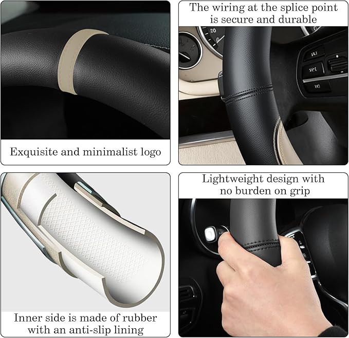 Black Beige Car Steering Wheel Cover, Nappa Leather, Bottom Color Blocking, Universal 14.5-15 Inch Leather Anti-Slip Breathable Auto Steering Wheel Covers for Men Women