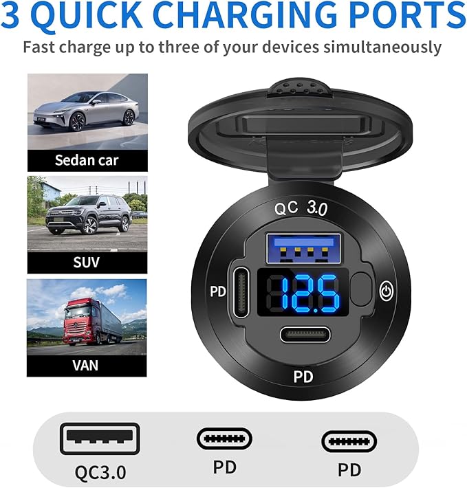 2 Pack 12V USB Outlet 3 Port Car Charger Socket, 78W Dual PD USB C 30W and Quick Charge3.0 Port Aluminum Charger Waterproof with Voltmeter and Button Switch for Boat Marine Motorcycle RV Truck, etc