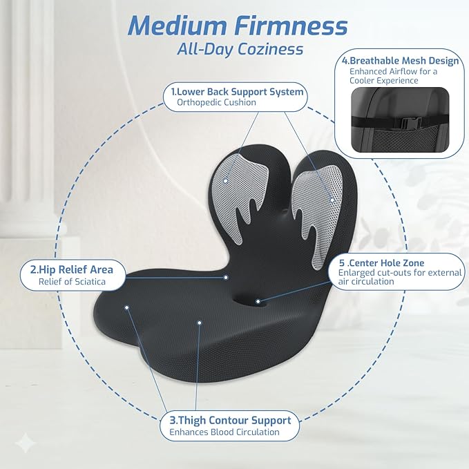 Trucker Seat Cushion, Car Seat Cushion Memory Foam Ergonomic Lumbar & Tailbone Support Pillow for Hemorrhoid, Coccyx & Sciatica Relief, for RV, SUV, Office Chair, Wheelchair (White)