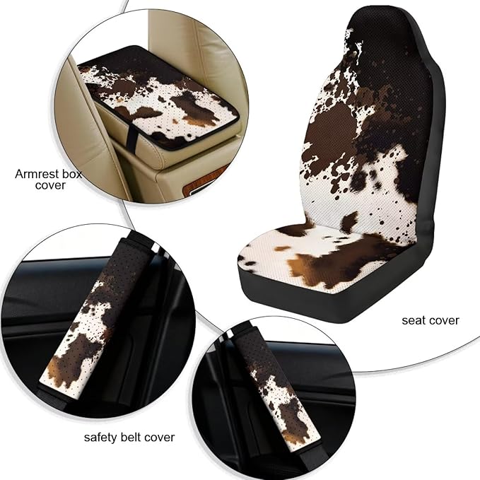 Qeluxign Cow Print 5 Piece Car Seat Covers Full Set, Front Seats Cover/Auto Seatbelt Shoulder Pads/Vehicle Center Console Armrest Cover, Universal Car Accessories Men Women Gifts