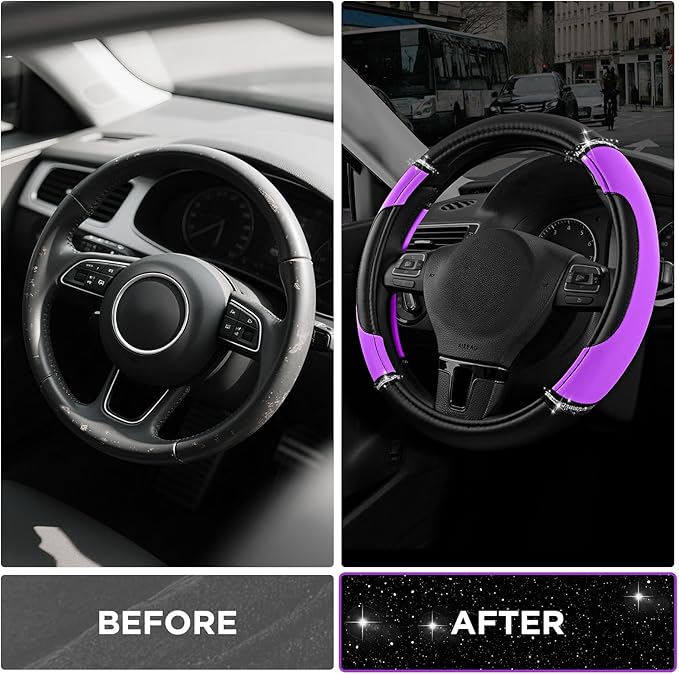 Road Comforts Leather Steering Wheel Cover - Made with PVC Leather - Anti-Slip, Universal Fit 14 1/2 inches to 15 inches - Purple