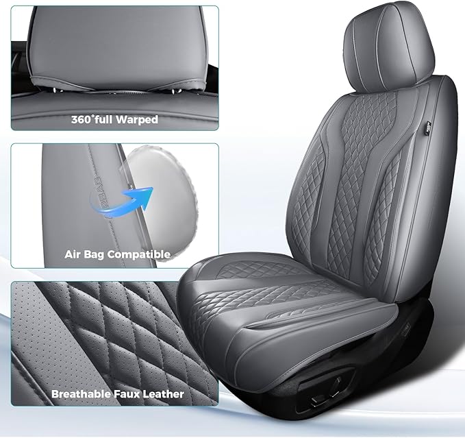 FEINEPRO Leather Car Seat Covers Full Set, Breathable Faux Leather Seat Covers for Cars SUV Sedan Waterproof Grey