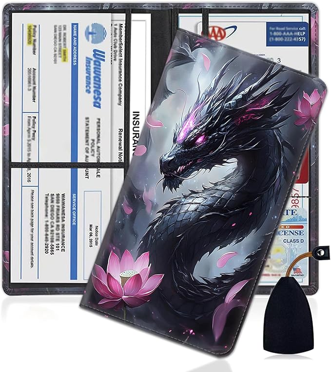 Car Document Holder with Magnetic Shut, Car Registration and Insurance Card Holder, Vehicle Glove Box Organizer Documents, Driver License, Auto Paperwork Organizer Wallet, Dragon In Lotus Pattern
