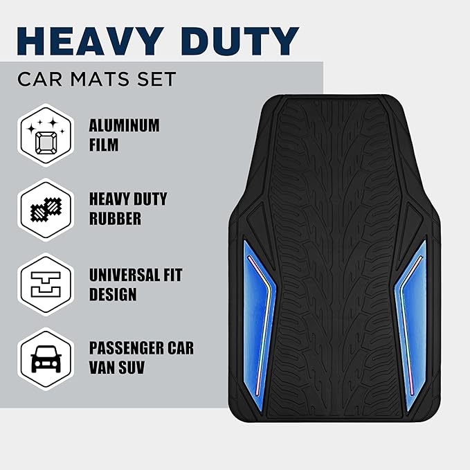 PIC AUTO Rubber Floor Mats, Blue Aluminum Film with Colorful Piping Floor Mats for Cars, Car Mats with Non-Slip Backing, All-Weather Protection, Trim-to-Fit Liner for Cars, SUVs, Trucks, Vehicles