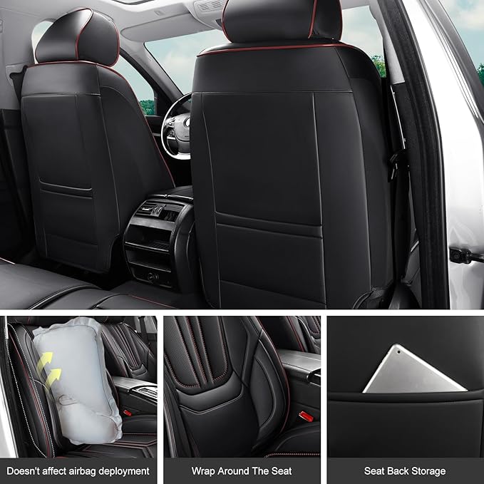 SCDOOCA Car Seat Covers Full Set, Luxury Leather Car Seat Covers, Waterproof and Breathable Seat Covers, Universal Car Seat Protector Fit for Cars, Trucks, SUVs, Pick-ups (Black&Red line, FullSet)