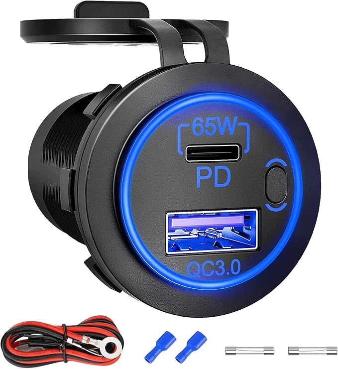 83W 12V USB Outlet, 18W QC 3.0 USB A & 65W PD USB C Car Charger Socket with ON Off Switch for Car Golf Cart Boat Marine Bus Truck RV Marine Motorcycle