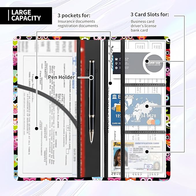 ADUQLZUX Leather Car Registration and Insurance Card Holder, Cute Car Accessories Vehicle Glove Box Car Organizer for Documents, Cards, License Cute Colorful Owls