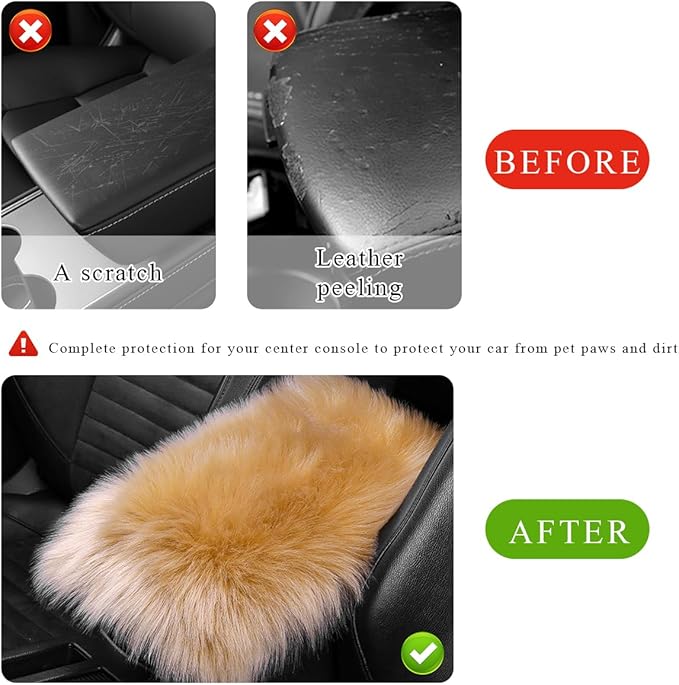 Car Center Console Cover Pad, Fluffy Middle Console Pad Armrest Seat Box Cover, Universal Furry Arm Rest Decoration Protector for Car Truck SUV, Interior Car Accessories (Brown)