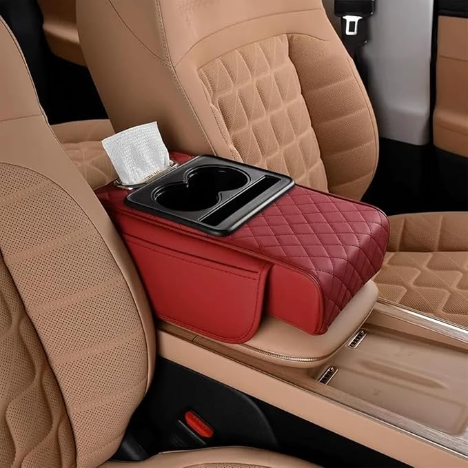 Multifunctional Pu Leather Car Armrest Box Mat, 5-in-1 Waterproof Car Armrest Organizer, Car Armrest Cushion Heightening Pad with Cup Holder, Tissue Boxes for Most Cars (Burgundy-A)