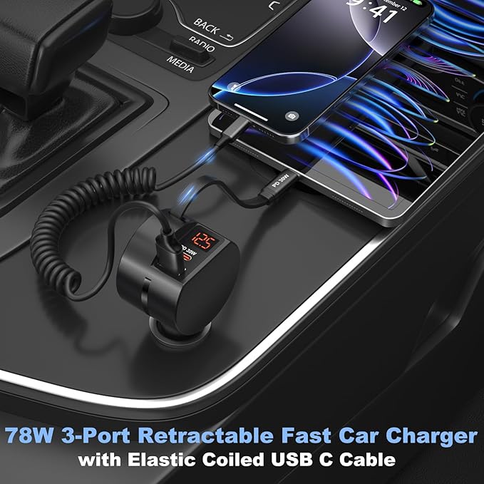 78W Retractable Car Charger USB C, OKRAY 3-Port 12v Cigarette Lighter Adapter PD30W Fast Charging Type C Car Phone Charger & Coiled USB C Cables for iPhone 17 Air 16 15 Pro, Samsung Galaxy S25 S24 A16