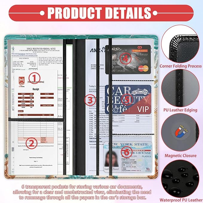 Car Registration and Insurance Card Holder for Women Men, Waterproof PU Leather Glove Box Car Organizer with Magnetic Shut, Vehicle Document Holder for Driver License,Cards, Turtles Crawl Into the Sea