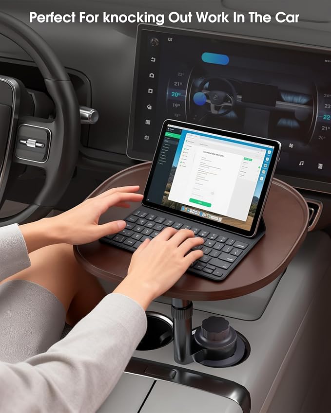 Car Desk for Laptop with 360° Swivel, Height-Adjustable Car Tray Table - Wooden Car Laptop Mount & Cup Holder Table, Universal Car Food Tray for Most Vehicles