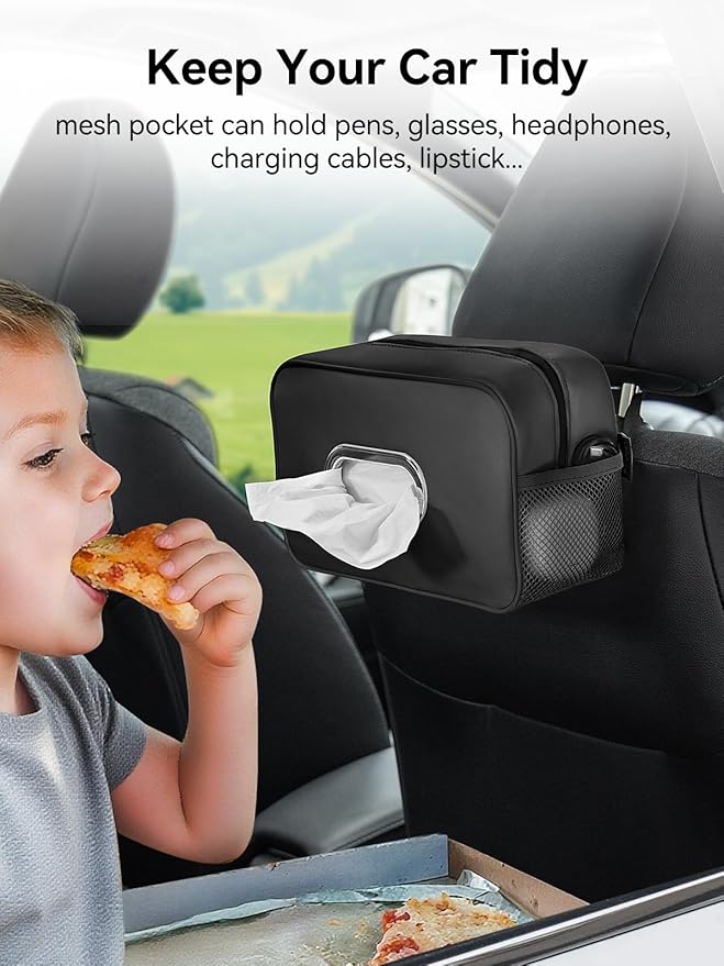 Multi-Functional Car Tissue Holder with ‌2 Storage Nets, Upgraded PU Leather Tissue Box Cover, Large Rectangle Napkin Organizer Fit for 100-150 Regular Size Tissues, Keep Car Tidy, Black