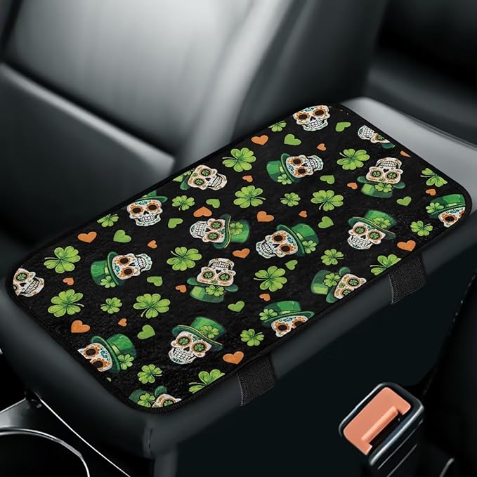 Bulopur St. Patrick's Skull Car Center Console Cover Protector Arm Rest Car Flannel Comfortable Auto Armrest Console Accessories Universal Fit Most Cars Women Men
