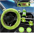 Dotesy 7 Pcs Fluffy Cartoon Frog Car Steering Wheel Cover Set, Wool Steering Wheel Protector with Cup Coasters, Soft Plush Rear Mirror Cover Accessories for Women (Green Frog)
