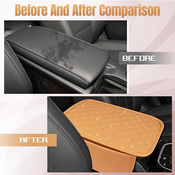 wuyaoyao Bling Car Center Console Cover, 11.81"×7.87" Leather Auto Arm Rest Cover Protector with 2 Storage Bags, Vehicle Crystal Rhinestone Armrest Cushion Pad, Interior Car Accessories (Yellow)