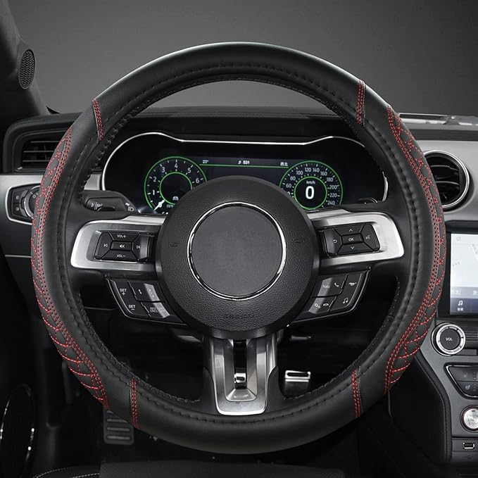 West Llama Car Steering Wheel Cover for Ford Escape,Explorer,Fusion,Focus,Bronco,Transit,Edge(Diamond Quilted - Black+Red- Standard Size)