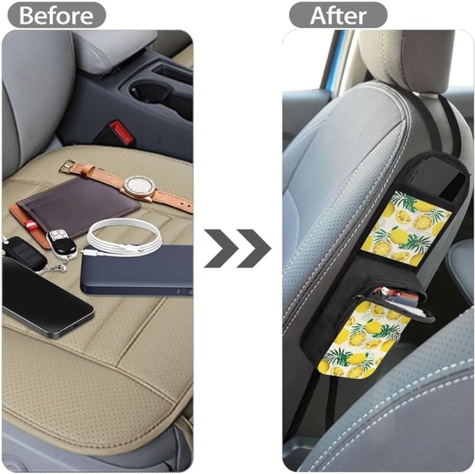Lemon Print Car Seat Organizer Auto Front Seat Side Hanging Bag Passenger Accessories Organizer,Multi Functional with ziiper and pocket mouth