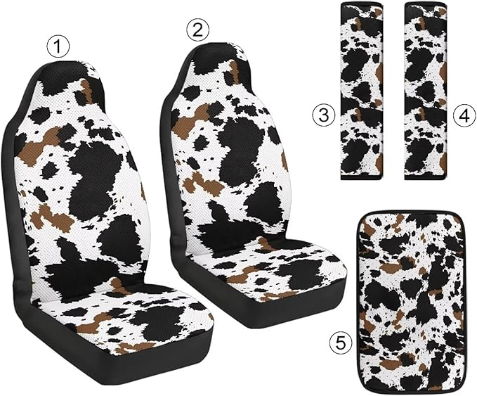 Oramclsy Cow PU Breathable Car Seat Covers Full Set with Armrest Pad PU Breathable Seat Belt Cover 5 Pack Set Accessories Universal SUV Truck