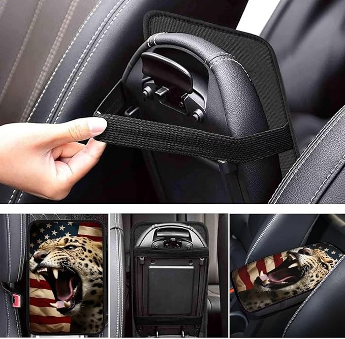 Car Center Console Pad, Universal Waterproof Car Armrest Seat Box Cover, Car Interior Accessories for Most Vehicle SUV Truck Vintage American Flag Leopard Car Armrest Pad