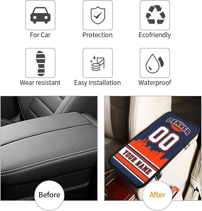 Custom Denver Car Armrest Covers Personalized Football Style with Name Number Customized Auto Center Console Pad Car Handrail Box Cushion for Most Vehicle Decor Accessories, Fans Gift