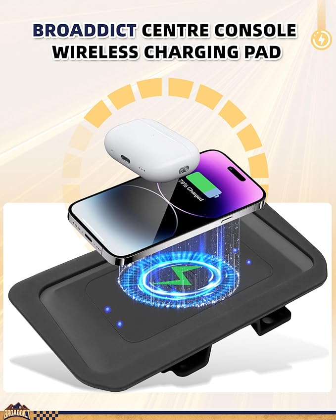 20W Wireless Charging Pad fit for Ford Bronco 2021 2022 2023 2024 2025 2/4-Door Console Wireless Charger Fit for Bronco Accessories Metal Heat Dissipation Without Noise