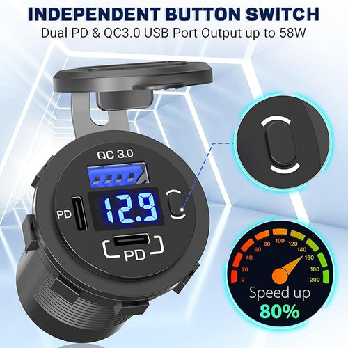 12V USB Panel Cigarette Lighter Socket with Rocker Switch: Qidoe Multiport 58W 12Volt USB Outlet with LED Voltmeter 150W Cigarette Lighter Splitter 12V Plug DC Outlet 3 in 1 Panel for Marine RV Truck