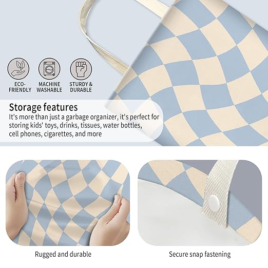 Car Trash Can, Hanging Garbage Bin for Men and Women, Cute Car Organizer and Storage Bag, Canvas Vehicle Trash Can Bag Easy-to-Install Cute Blue Checkborad