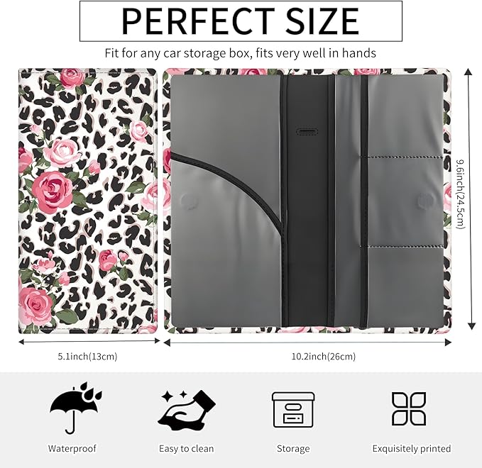 BAUCIWLD Premium Car Registration and Insurance Card Holder, Cute PU Leather Car Document Holder, Vehicle Glove Box Car Organizer with Magnetic Closure for Driver License, Cards Leopard Rose